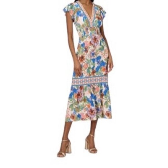 Adrianna Papell Dresses & Skirts - Adrianna By Adrianna Papell Floral Smocked  Waist Flutter Sleeved Dress Size 14
